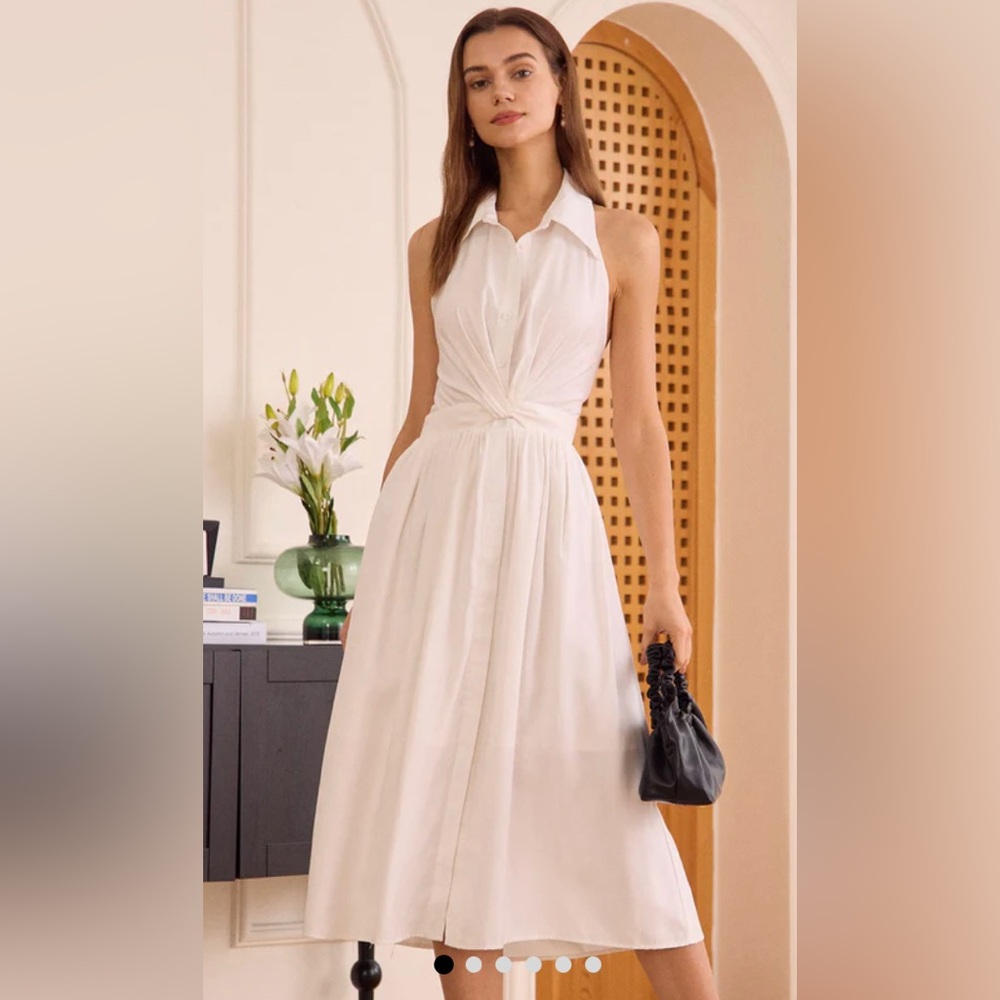 White collared twist backless midi dress